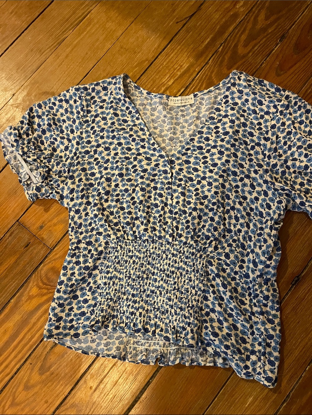 Paper crane Blue and White Floral Smocked V-Neck Blouse